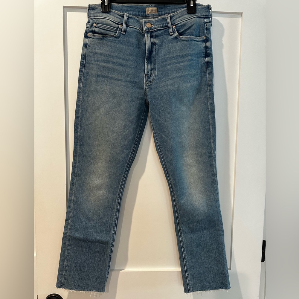 MOTHER The Mid Rise Dazzler Ankle Fray Light Blue Denim Jeans